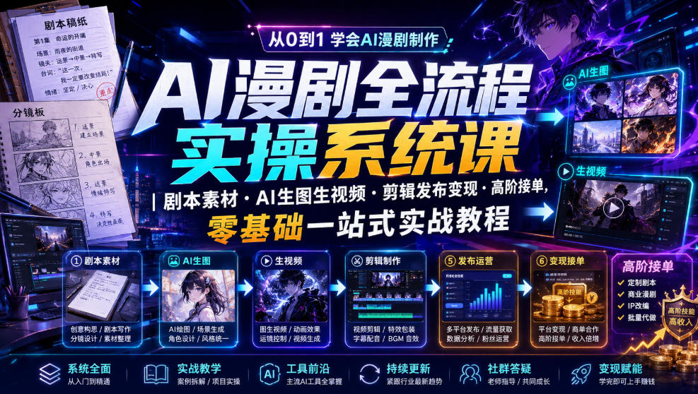 AI漫剧全流程实操系统课｜剧本素材・AI生图生视频・剪辑发布变现・高阶接单，零基础一站式实战教程瀚萌资源网-网赚网-网赚项目网-虚拟资源网-国学资源网-易学资源网-本站有全网最新网赚项目-易学课程资源-中医课程资源的在线下载网站！瀚萌资源网