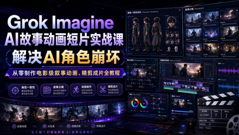 Grok Imagine AI故事动画短片实战课｜解决AI角色崩坏，从零制作电影级叙事动画、精剪成片全教程（中英字幕）瀚萌资源网-网赚网-网赚项目网-虚拟资源网-国学资源网-易学资源网-本站有全网最新网赚项目-易学课程资源-中医课程资源的在线下载网站！瀚萌资源网