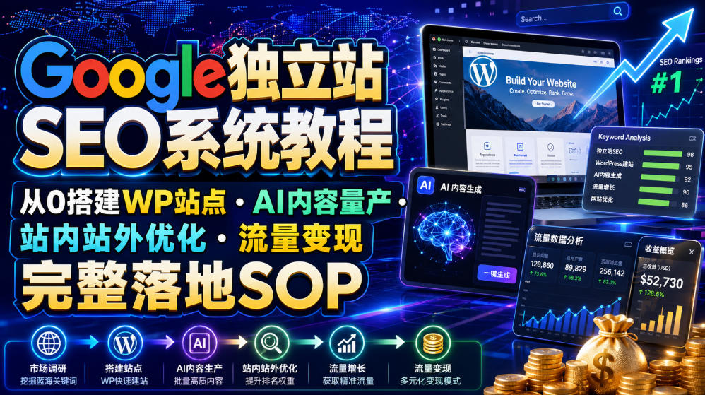 Google独立站SEO系统教程，从0搭建WP站点・AI内容量产・站内站外优化・流量变现完整落地SOP（2026年7月）瀚萌资源网-网赚网-网赚项目网-虚拟资源网-国学资源网-易学资源网-本站有全网最新网赚项目-易学课程资源-中医课程资源的在线下载网站！瀚萌资源网