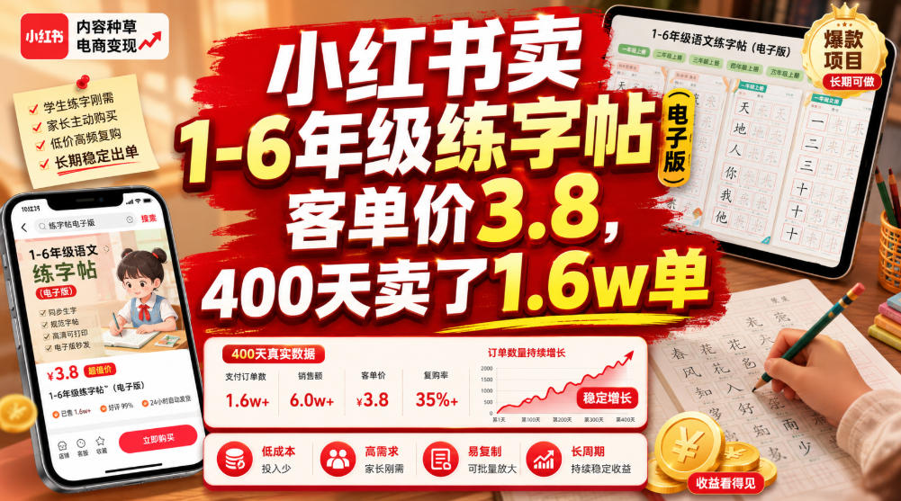 小红书卖1-6年级练字帖（电子版），客单价3.8，400天卖了1.6w单瀚萌资源网-网赚网-网赚项目网-虚拟资源网-国学资源网-易学资源网-本站有全网最新网赚项目-易学课程资源-中医课程资源的在线下载网站！瀚萌资源网