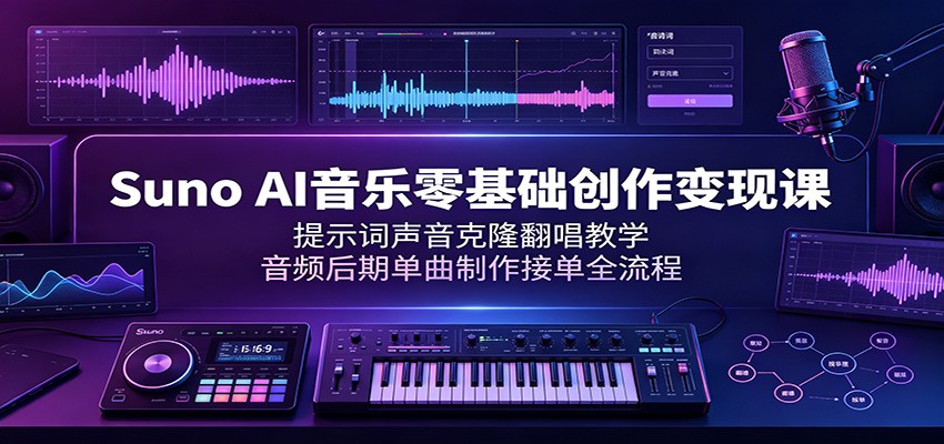 Suno AI音乐零基础创作变现课：提示词声音克隆翻唱教学，音频后期单曲制作接单全流程瀚萌资源网-网赚网-网赚项目网-虚拟资源网-国学资源网-易学资源网-本站有全网最新网赚项目-易学课程资源-中医课程资源的在线下载网站！瀚萌资源网