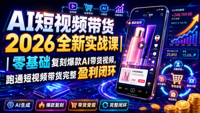 AI短视频带货2026全新实战课｜零基础复刻爆款AI带货视频，跑通短视频带货完整盈利闭环瀚萌资源网-网赚网-网赚项目网-虚拟资源网-国学资源网-易学资源网-本站有全网最新网赚项目-易学课程资源-中医课程资源的在线下载网站！瀚萌资源网