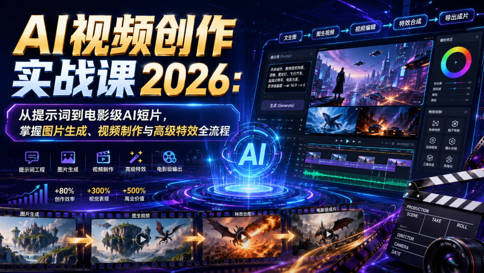 AI视频创作实战课2026：从提示词到电影级AI短片，掌握图片生成、视频制作与高级特效全流程瀚萌资源网-网赚网-网赚项目网-虚拟资源网-国学资源网-易学资源网-本站有全网最新网赚项目-易学课程资源-中医课程资源的在线下载网站！瀚萌资源网