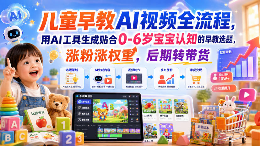 儿童早教AI视频全流程，用AI工具生成贴合0-6岁宝宝认知的早教选题，涨粉涨权重，后期转带货瀚萌资源网-网赚网-网赚项目网-虚拟资源网-国学资源网-易学资源网-本站有全网最新网赚项目-易学课程资源-中医课程资源的在线下载网站！瀚萌资源网