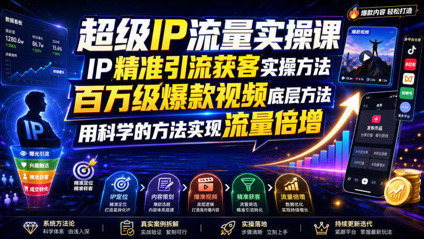 超级IP流量实操课，IP精准引流获客实操方法，百万级爆款视频底层方法，用科学的方法实现流量倍增瀚萌资源网-网赚网-网赚项目网-虚拟资源网-国学资源网-易学资源网-本站有全网最新网赚项目-易学课程资源-中医课程资源的在线下载网站！瀚萌资源网