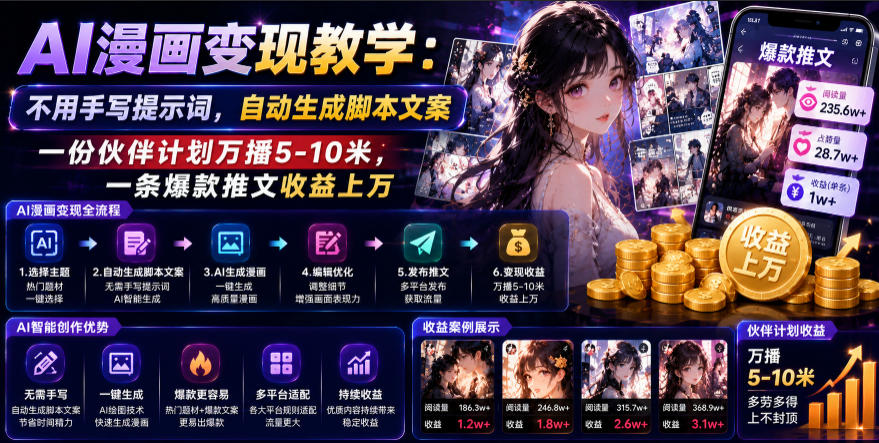AI漫画变现教学：不用手写提示词，自动生成脚本文案，一份伙伴计划万播5-10米，一条爆款推文收益上W瀚萌资源网-网赚网-网赚项目网-虚拟资源网-国学资源网-易学资源网-本站有全网最新网赚项目-易学课程资源-中医课程资源的在线下载网站！瀚萌资源网