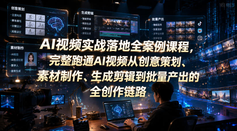AI视频实战落地全案例课程，完整跑通AI视频从创意策划、素材制作、生成剪辑到批量产出的全创作链路瀚萌资源网-网赚网-网赚项目网-虚拟资源网-国学资源网-易学资源网-本站有全网最新网赚项目-易学课程资源-中医课程资源的在线下载网站！瀚萌资源网