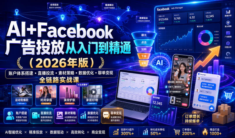 AI+Facebook广告投放从入门到精通（2026年版）｜账户体系搭建・直播投流・素材策略・数据优化・聊单变现全链路实战课瀚萌资源网-网赚网-网赚项目网-虚拟资源网-国学资源网-易学资源网-本站有全网最新网赚项目-易学课程资源-中医课程资源的在线下载网站！瀚萌资源网