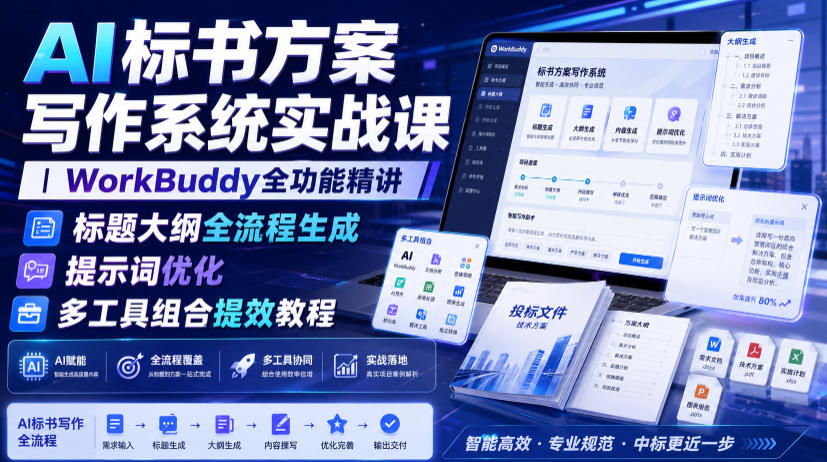 AI标书方案写作系统实战课｜WorkBuddy全功能精讲・标题大纲全流程生成・提示词优化・多工具组合提效教程瀚萌资源网-网赚网-网赚项目网-虚拟资源网-国学资源网-易学资源网-本站有全网最新网赚项目-易学课程资源-中医课程资源的在线下载网站！瀚萌资源网