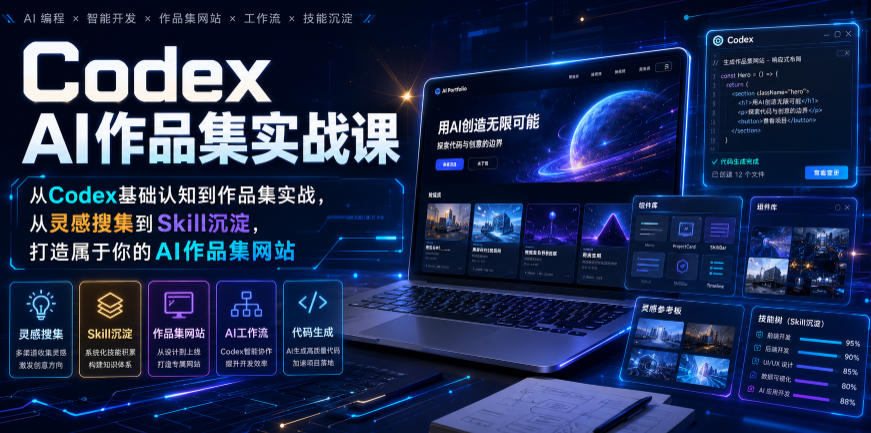 Codex AI作品集实战课，从Codex基础认知到作品集实战，从灵感搜集到Skill沉淀，打造属于你的AI作品集网站瀚萌资源网-网赚网-网赚项目网-虚拟资源网-国学资源网-易学资源网-本站有全网最新网赚项目-易学课程资源-中医课程资源的在线下载网站！瀚萌资源网