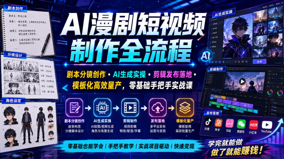 AI漫剧短视频制作全流程｜剧本分镜创作・AI生成实操・剪辑发布落地・模板化高效量产，零基础手把手实战课瀚萌资源网-网赚网-网赚项目网-虚拟资源网-国学资源网-易学资源网-本站有全网最新网赚项目-易学课程资源-中医课程资源的在线下载网站！瀚萌资源网