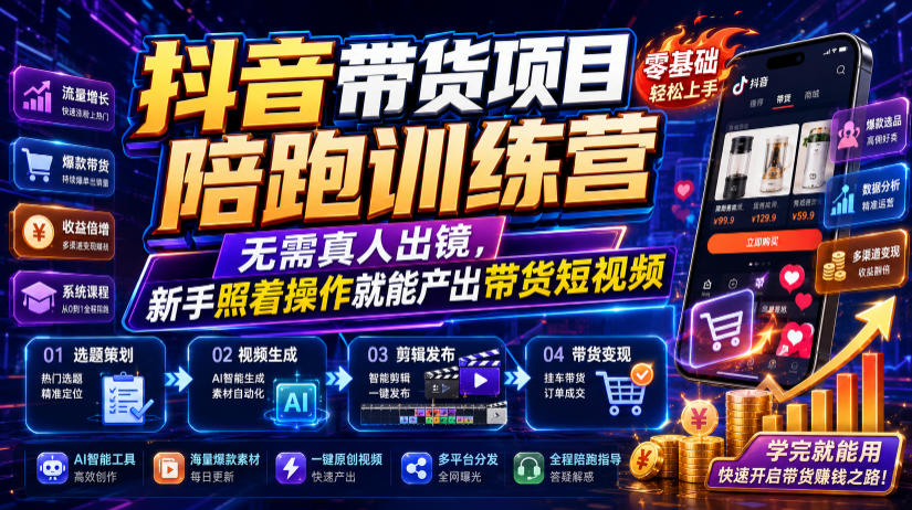 抖音带货项目陪跑训练营，无需真人出镜，新手照着操作就能产出带货短视频瀚萌资源网-网赚网-网赚项目网-虚拟资源网-国学资源网-易学资源网-本站有全网最新网赚项目-易学课程资源-中医课程资源的在线下载网站！瀚萌资源网