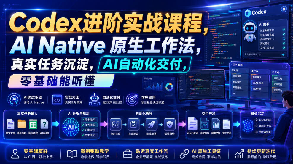 Codex进阶实战课｜AI Native原生工作法，22节真实任务落地，从配置到AI自动化交付全链路教程瀚萌资源网-网赚网-网赚项目网-虚拟资源网-国学资源网-易学资源网-本站有全网最新网赚项目-易学课程资源-中医课程资源的在线下载网站！瀚萌资源网