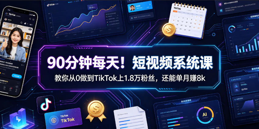 90分钟每天！短视频系统课教你从0做到TikTok上1.8万粉丝，还能单月賺8k【原创双语字幕】瀚萌资源网-网赚网-网赚项目网-虚拟资源网-国学资源网-易学资源网-本站有全网最新网赚项目-易学课程资源-中医课程资源的在线下载网站！瀚萌资源网