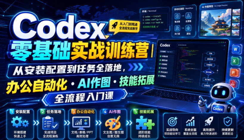 Codex零基础实战训练营｜从安装配置到任务全落地，办公自动化・AI作图・技能拓展全流程入门课瀚萌资源网-网赚网-网赚项目网-虚拟资源网-国学资源网-易学资源网-本站有全网最新网赚项目-易学课程资源-中医课程资源的在线下载网站！瀚萌资源网