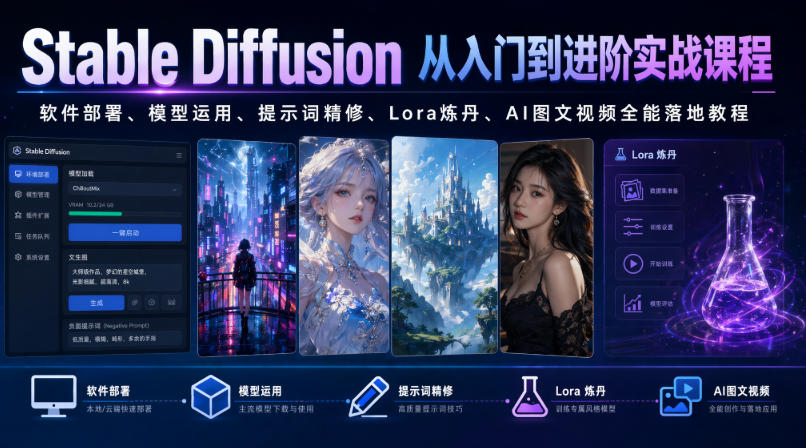 Stable Diffusion从入门到进阶实战课程｜软件部署、模型运用、提示词精修、Lora炼丹、AI图文视频全能落地教程瀚萌资源网-网赚网-网赚项目网-虚拟资源网-国学资源网-易学资源网-本站有全网最新网赚项目-易学课程资源-中医课程资源的在线下载网站！瀚萌资源网