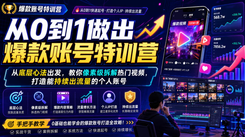 从0到1做出爆款账号特训营，从底层心法出发，教你像素级拆解热门视频，打造能持续出流量的个人账号瀚萌资源网-网赚网-网赚项目网-虚拟资源网-国学资源网-易学资源网-本站有全网最新网赚项目-易学课程资源-中医课程资源的在线下载网站！瀚萌资源网