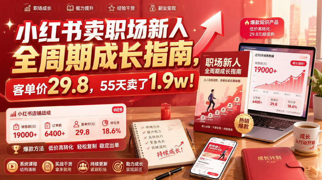 小红书卖职场新人全周期成长指南，客单价29.8，55天卖了1.9w！瀚萌资源网-网赚网-网赚项目网-虚拟资源网-国学资源网-易学资源网-本站有全网最新网赚项目-易学课程资源-中医课程资源的在线下载网站！瀚萌资源网