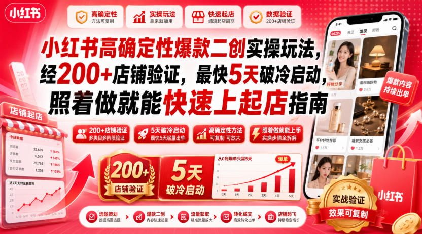 小红书高确定性爆款二创实操玩法，经200+店铺验证，最快5天破冷启动，照着做就能快速上起店指南瀚萌资源网-网赚网-网赚项目网-虚拟资源网-国学资源网-易学资源网-本站有全网最新网赚项目-易学课程资源-中医课程资源的在线下载网站！瀚萌资源网