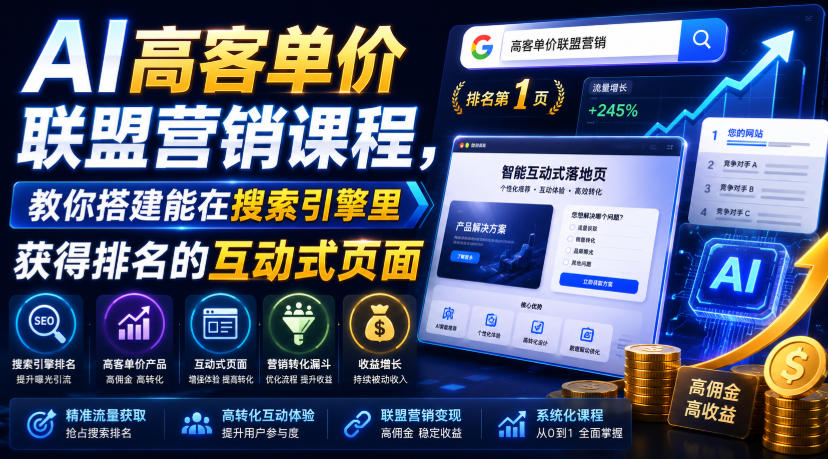 AI高客单价联盟营销课程，教你搭建能在搜索引擎里获得排名的互动式页面，引来流量，把访客转化为高佣金的成交【原创双语字幕】瀚萌资源网-网赚网-网赚项目网-虚拟资源网-国学资源网-易学资源网-本站有全网最新网赚项目-易学课程资源-中医课程资源的在线下载网站！瀚萌资源网