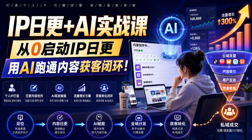 IP日更+AI实战课，从0启动IP日更，IP置顶视频制作+100条选题库搭建+10条日更规划，用AI跑通内容获客闭环!瀚萌资源网-网赚网-网赚项目网-虚拟资源网-国学资源网-易学资源网-本站有全网最新网赚项目-易学课程资源-中医课程资源的在线下载网站！瀚萌资源网