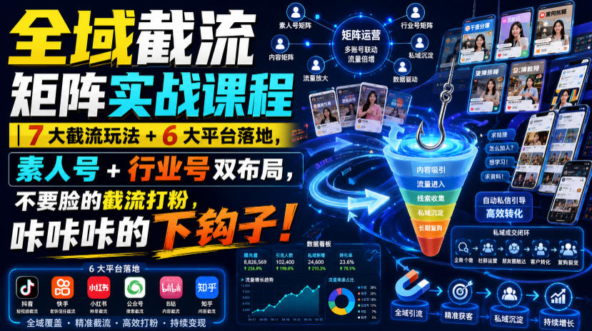全域截流矩阵实战课程｜7大截流玩法+6大平台落地，素人号+行业号双布局，不要脸的截流打粉，咔咔咔的下钩子！瀚萌资源网-网赚网-网赚项目网-虚拟资源网-国学资源网-易学资源网-本站有全网最新网赚项目-易学课程资源-中医课程资源的在线下载网站！瀚萌资源网