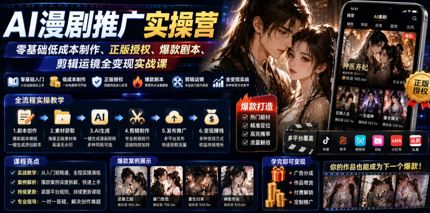 AI漫剧推广实操营｜零基础低成本制作、正版授权、爆款剧本、剪辑运镜全变现实战课瀚萌资源网-网赚网-网赚项目网-虚拟资源网-国学资源网-易学资源网-本站有全网最新网赚项目-易学课程资源-中医课程资源的在线下载网站！瀚萌资源网