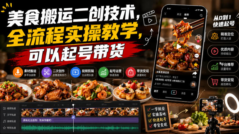美食搬运二创技术，全流程实操教学，可以起号带货瀚萌资源网-网赚网-网赚项目网-虚拟资源网-国学资源网-易学资源网-本站有全网最新网赚项目-易学课程资源-中医课程资源的在线下载网站！瀚萌资源网