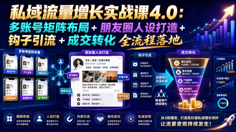 私域流量增长实战课4.0：多账号矩阵布局+朋友圈人设打造+钩子引流+成交转化全流程落地瀚萌资源网-网赚网-网赚项目网-虚拟资源网-国学资源网-易学资源网-本站有全网最新网赚项目-易学课程资源-中医课程资源的在线下载网站！瀚萌资源网
