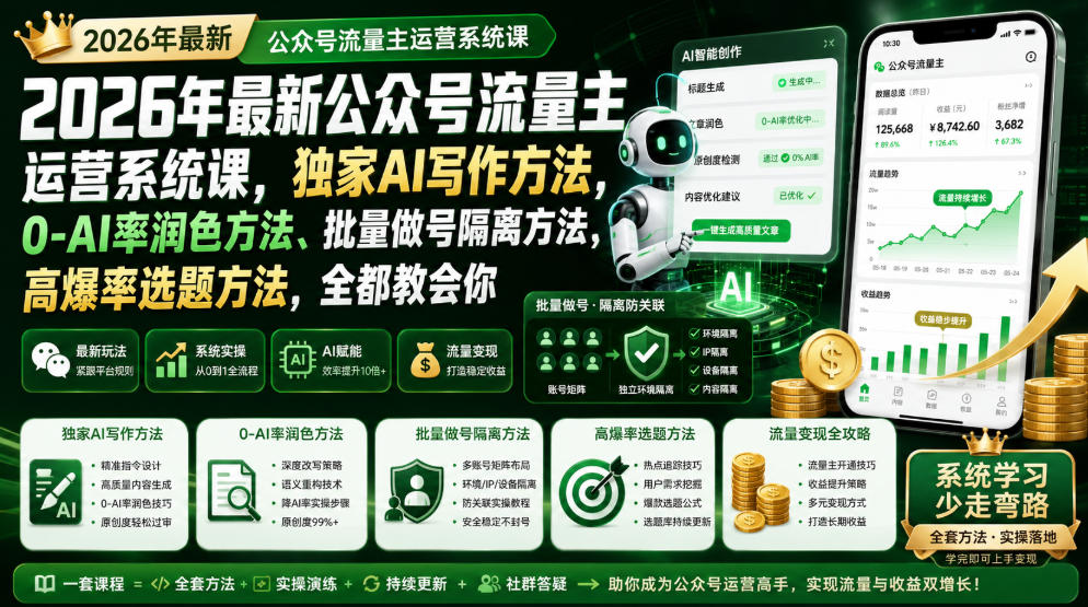 2026年最新公众号流量主运营系统课，独家AI写作方法，0-AI率润色方法、批量做号隔离方法、高爆率选题方法，全都教会你瀚萌资源网-网赚网-网赚项目网-虚拟资源网-国学资源网-易学资源网-本站有全网最新网赚项目-易学课程资源-中医课程资源的在线下载网站！瀚萌资源网