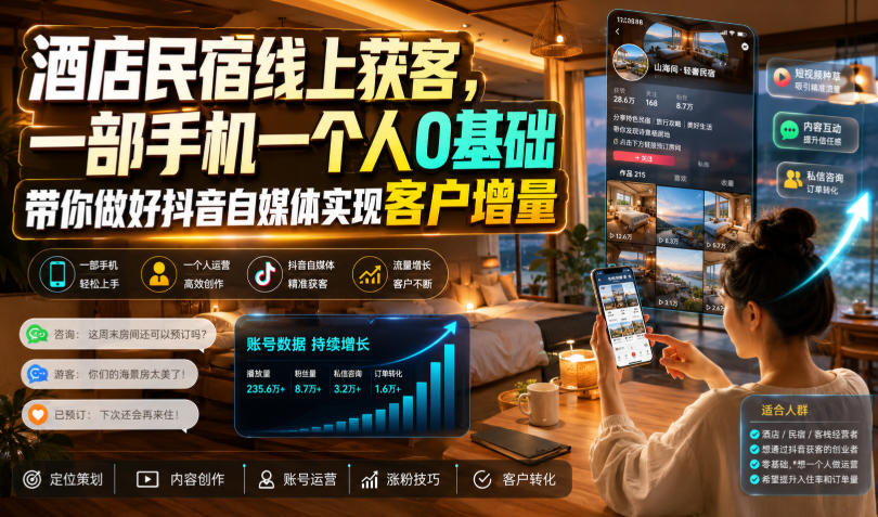 酒店民宿线上获客，一部手机一个人0基础带你做好抖音自媒体实现客户增量瀚萌资源网-网赚网-网赚项目网-虚拟资源网-国学资源网-易学资源网-本站有全网最新网赚项目-易学课程资源-中医课程资源的在线下载网站！瀚萌资源网