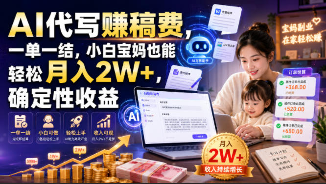 AI代写賺稿费，一单一结，小白宝妈也能轻松月入2W+，确定性收益【揭秘】瀚萌资源网-网赚网-网赚项目网-虚拟资源网-国学资源网-易学资源网-本站有全网最新网赚项目-易学课程资源-中医课程资源的在线下载网站！瀚萌资源网