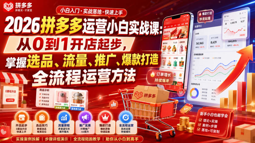 2026拼多多运营小白实战课：从0到1开店起步，掌握选品、流量、推广、爆款打造全流程运营方法瀚萌资源网-网赚网-网赚项目网-虚拟资源网-国学资源网-易学资源网-本站有全网最新网赚项目-易学课程资源-中医课程资源的在线下载网站！瀚萌资源网