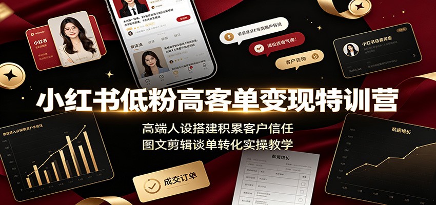小红书低粉高客单变现特训营：高端人设搭建积累客户信任，图文剪辑谈单转化实操教学瀚萌资源网-网赚网-网赚项目网-虚拟资源网-国学资源网-易学资源网-本站有全网最新网赚项目-易学课程资源-中医课程资源的在线下载网站！瀚萌资源网