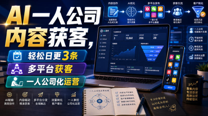 AI一人公司内容获客，轻松日更3条，多平台获客，一人公司化运营瀚萌资源网-网赚网-网赚项目网-虚拟资源网-国学资源网-易学资源网-本站有全网最新网赚项目-易学课程资源-中医课程资源的在线下载网站！瀚萌资源网