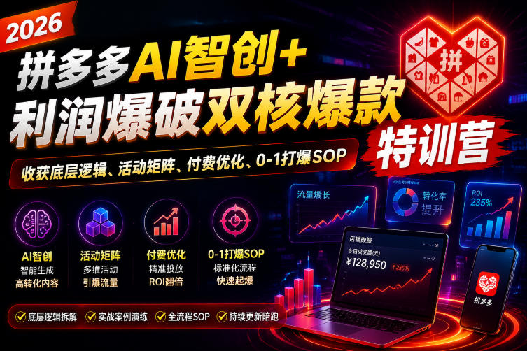 2026拼多多AI智创+利润爆破双核爆款特训营，收获底层逻辑、活动矩阵、付费优化、0-1打爆SOP瀚萌资源网-网赚网-网赚项目网-虚拟资源网-国学资源网-易学资源网-本站有全网最新网赚项目-易学课程资源-中医课程资源的在线下载网站！瀚萌资源网