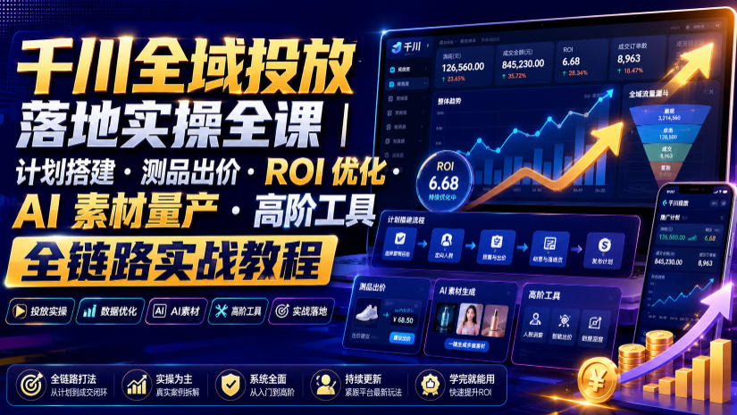 千川全域投放落地实操全课｜计划搭建・测品出价・ROI优化・AI素材量产・高阶工具全链路实战教程瀚萌资源网-网赚网-网赚项目网-虚拟资源网-国学资源网-易学资源网-本站有全网最新网赚项目-易学课程资源-中医课程资源的在线下载网站！瀚萌资源网