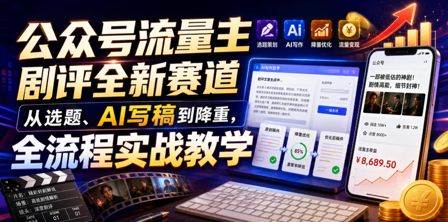 公众号流量主剧评全新赛道，从选题、AI写稿到降重，全流程实战教学瀚萌资源网-网赚网-网赚项目网-虚拟资源网-国学资源网-易学资源网-本站有全网最新网赚项目-易学课程资源-中医课程资源的在线下载网站！瀚萌资源网