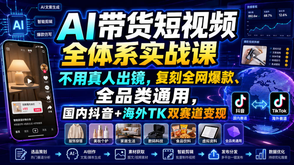 AI带货短视频全体系实战课，不用真人出镜，复刻全网爆款、全品类通用，国内抖音+海外TK双赛道变现瀚萌资源网-网赚网-网赚项目网-虚拟资源网-国学资源网-易学资源网-本站有全网最新网赚项目-易学课程资源-中医课程资源的在线下载网站！瀚萌资源网