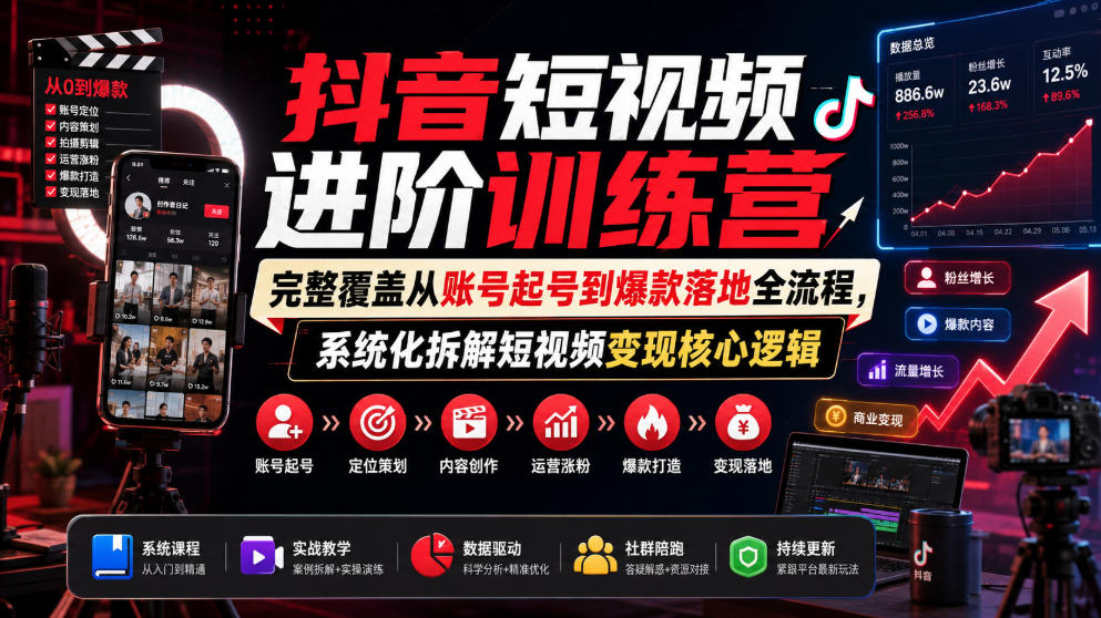 抖音短视频进阶训练营，完整覆盖从账号起号到爆款落地全流程，系统化拆解短视频变现核心逻辑瀚萌资源网-网赚网-网赚项目网-虚拟资源网-国学资源网-易学资源网-本站有全网最新网赚项目-易学课程资源-中医课程资源的在线下载网站！瀚萌资源网