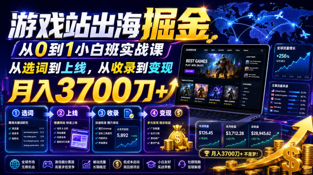 游戏站出海掘金从0到1小白实战课，从选词到上线，从收录到变现，月入3700刀+瀚萌资源网-网赚网-网赚项目网-虚拟资源网-国学资源网-易学资源网-本站有全网最新网赚项目-易学课程资源-中医课程资源的在线下载网站！瀚萌资源网