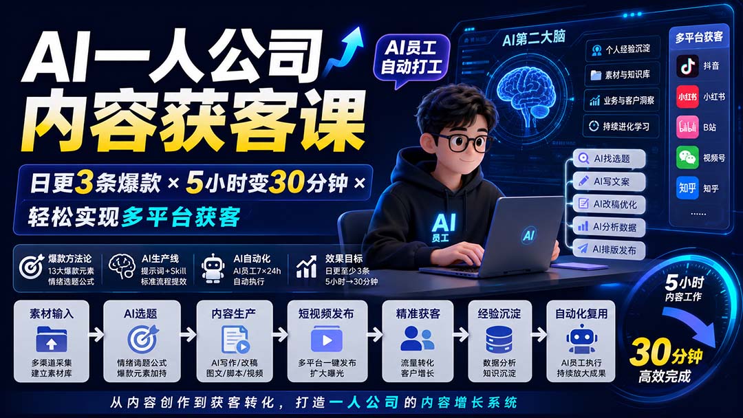 （20111期）AI一人公司内容获客课-更新8月：日更3条爆款×5小时变30分钟×AI员工自动打工，轻松实现多平台获客瀚萌资源网-网赚网-网赚项目网-虚拟资源网-国学资源网-易学资源网-本站有全网最新网赚项目-易学课程资源-中医课程资源的在线下载网站！瀚萌资源网