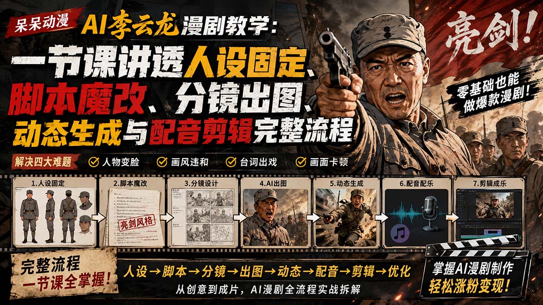 （20107期）呆呆动漫AI李云龙漫剧教学：一节课讲透人设固定、脚本魔改、分镜出图、动态生成与配音剪辑完整流程瀚萌资源网-网赚网-网赚项目网-虚拟资源网-国学资源网-易学资源网-本站有全网最新网赚项目-易学课程资源-中医课程资源的在线下载网站！瀚萌资源网