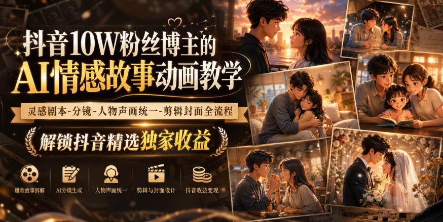 抖音10W粉丝博主的AI情感故事动画教学，灵感剧本‑分镜‑人物声画统一‑剪辑封面全流程，解锁抖音精选独家收益瀚萌资源网-网赚网-网赚项目网-虚拟资源网-国学资源网-易学资源网-本站有全网最新网赚项目-易学课程资源-中医课程资源的在线下载网站！瀚萌资源网