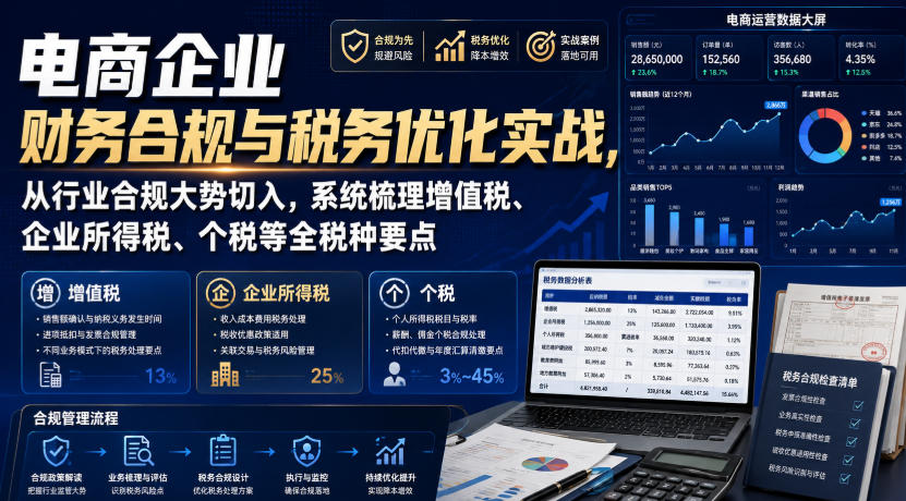 电商企业财务合规与税务优化实战，从行业合规大势切入，系统梳理增值税、企业所得税、个税等全税种要点瀚萌资源网-网赚网-网赚项目网-虚拟资源网-国学资源网-易学资源网-本站有全网最新网赚项目-易学课程资源-中医课程资源的在线下载网站！瀚萌资源网