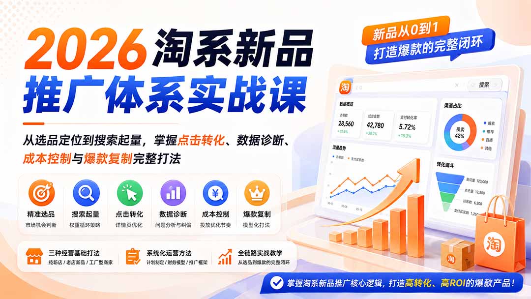 （19908期）2026淘系新品推广体系实战课：从选品定位到搜索起量，掌握点击转化、数据诊断、成本控制与爆款复制完整打法瀚萌资源网-网赚网-网赚项目网-虚拟资源网-国学资源网-易学资源网-本站有全网最新网赚项目-易学课程资源-中医课程资源的在线下载网站！瀚萌资源网