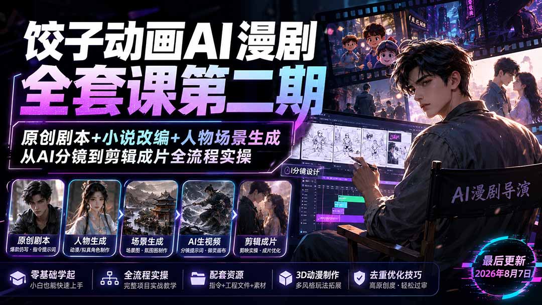 （19910期）饺子动画AI漫剧全套课第二期：原创剧本+小说改编+人物场景生成，从AI分镜到剪辑成片全流程实操瀚萌资源网-网赚网-网赚项目网-虚拟资源网-国学资源网-易学资源网-本站有全网最新网赚项目-易学课程资源-中医课程资源的在线下载网站！瀚萌资源网