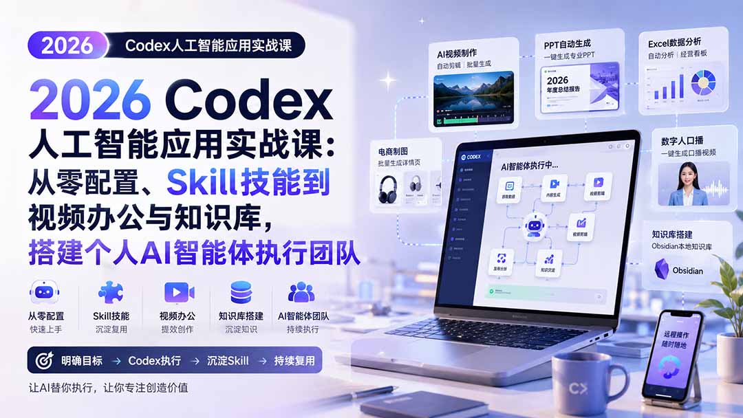 （20067期）2026 Codex人工智能应用实战课：从零配置、Skill技能到视频办公与知识库，搭建个人AI智能体执行团队瀚萌资源网-网赚网-网赚项目网-虚拟资源网-国学资源网-易学资源网-本站有全网最新网赚项目-易学课程资源-中医课程资源的在线下载网站！瀚萌资源网