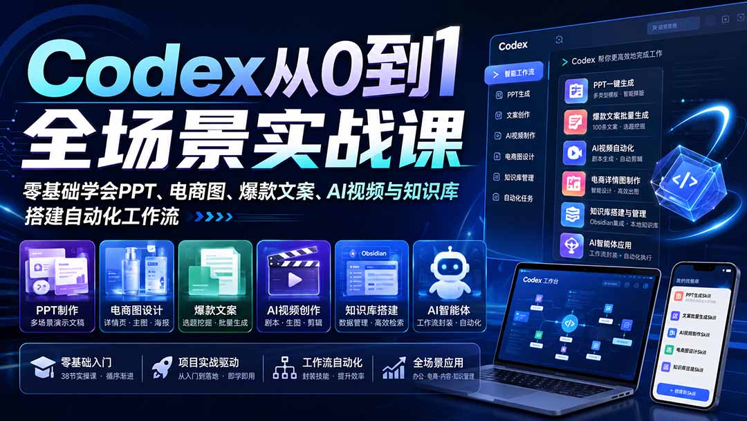 （20041期）Codex从0到1全场景实战课：零基础学会PPT、电商图、爆款文案、AI视频与知识库，搭建自动化工作流瀚萌资源网-网赚网-网赚项目网-虚拟资源网-国学资源网-易学资源网-本站有全网最新网赚项目-易学课程资源-中医课程资源的在线下载网站！瀚萌资源网