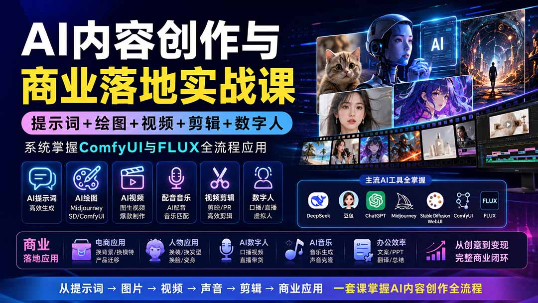 （19913期）AI内容创作与商业落地实战课：提示词+绘图+视频+剪辑+数字人，系统掌握ComfyUI与FLUX全流程应用瀚萌资源网-网赚网-网赚项目网-虚拟资源网-国学资源网-易学资源网-本站有全网最新网赚项目-易学课程资源-中医课程资源的在线下载网站！瀚萌资源网